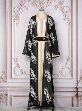 MT211中东女装阿拉伯服饰 新款系带晚礼服刺绣两件套装长袍连衣裙