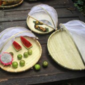 竹编制品家用网罩防蝇竹筐 水果点心篮菜罩竹筛 圆簸箕馒头收纳筐