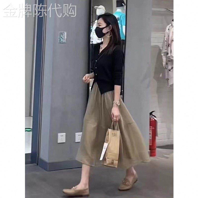 卡其色网纱半身裙女春秋欧货高腰中长款a字伞裙过膝仙女欧根纱裙