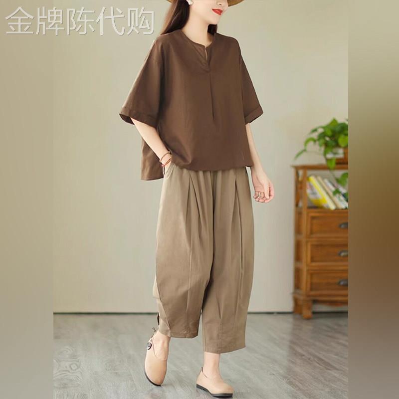 潮牌休闲棉麻套装女2026夏新款洋派妈妈复古宽松大尺码灯笼裤两件