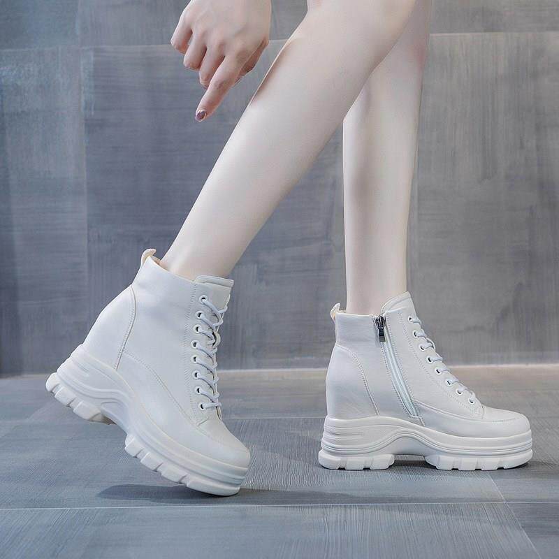 米色内增高短靴内增高10CM真皮小个显高及踝靴冬裸靴加绒马丁靴女