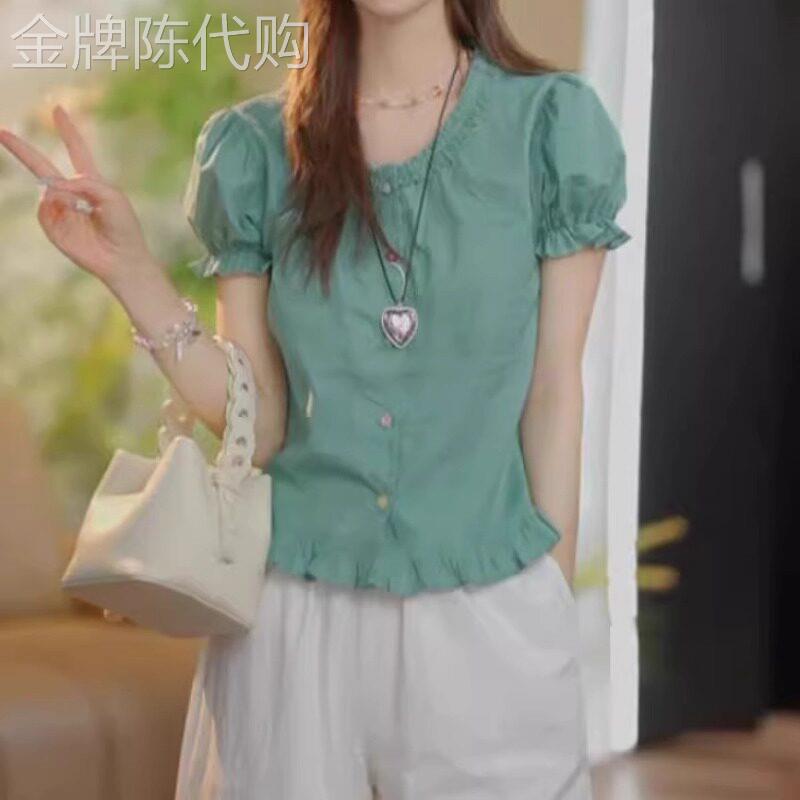 木耳边短袖衬衫女2026夏季新款收腰显瘦修身减龄娃娃衫泡泡袖上衣