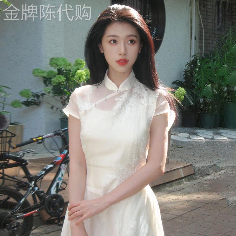 白色新中式国风旗袍洋装女夏季小众设计高级感盘扣收腰气质裙子
