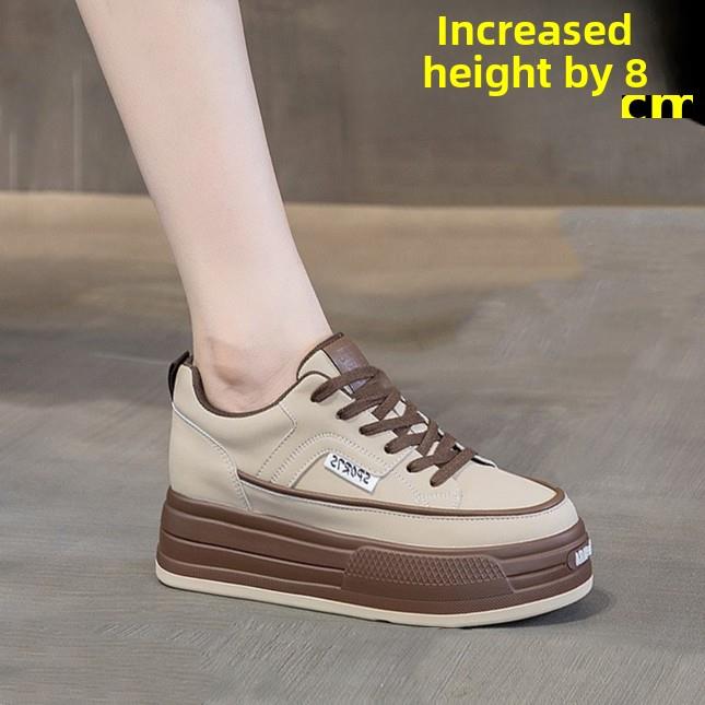 爆款厚底咖色单鞋内增高8CM保暖加绒棉鞋休闲运动鞋真皮小白鞋女