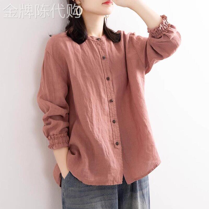 潮牌高端棉麻衬衫女士春秋新款大尺码时尚洋派衬衫妈妈长袖亚麻上