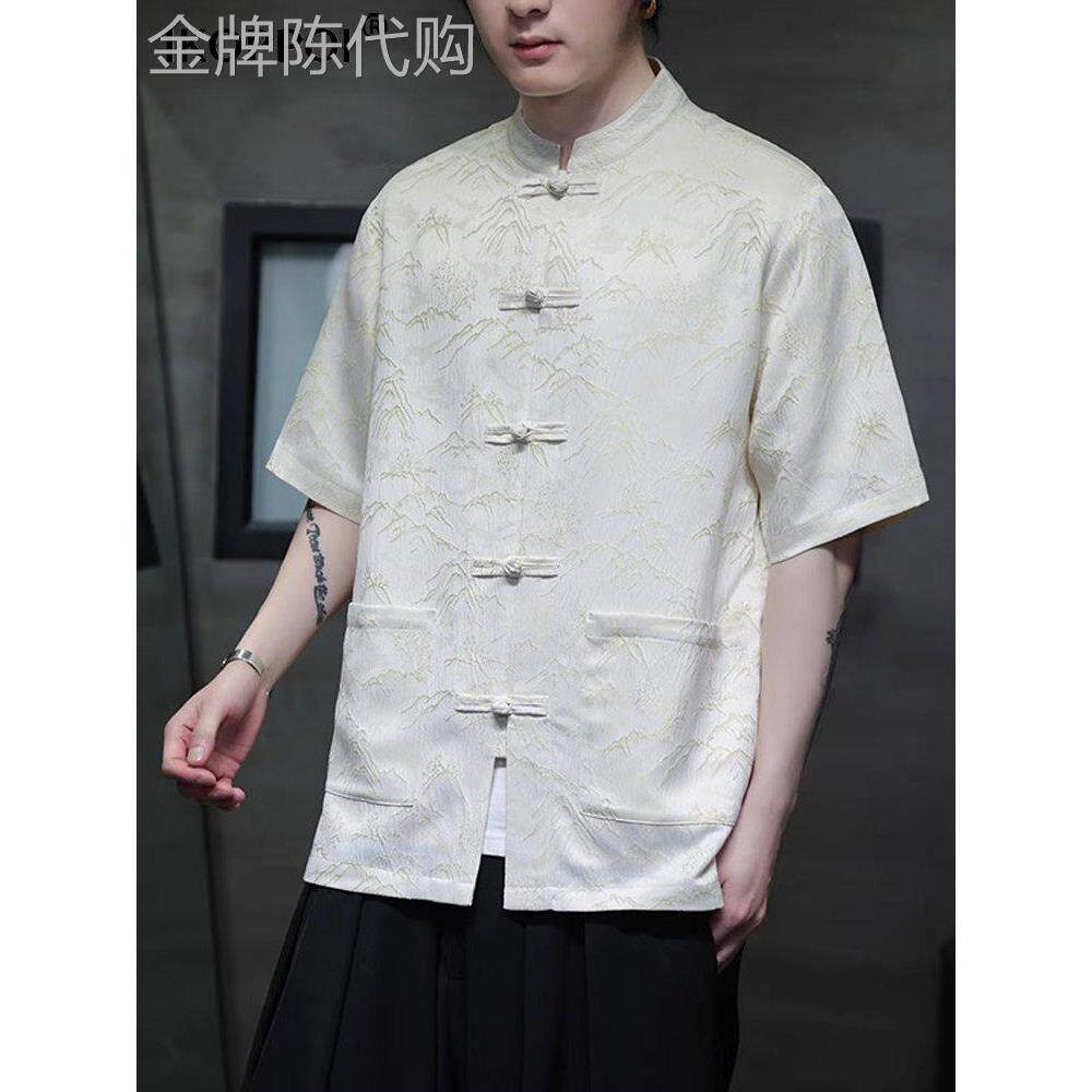 中国风冰丝唐装新款中国风男士提花衬衫