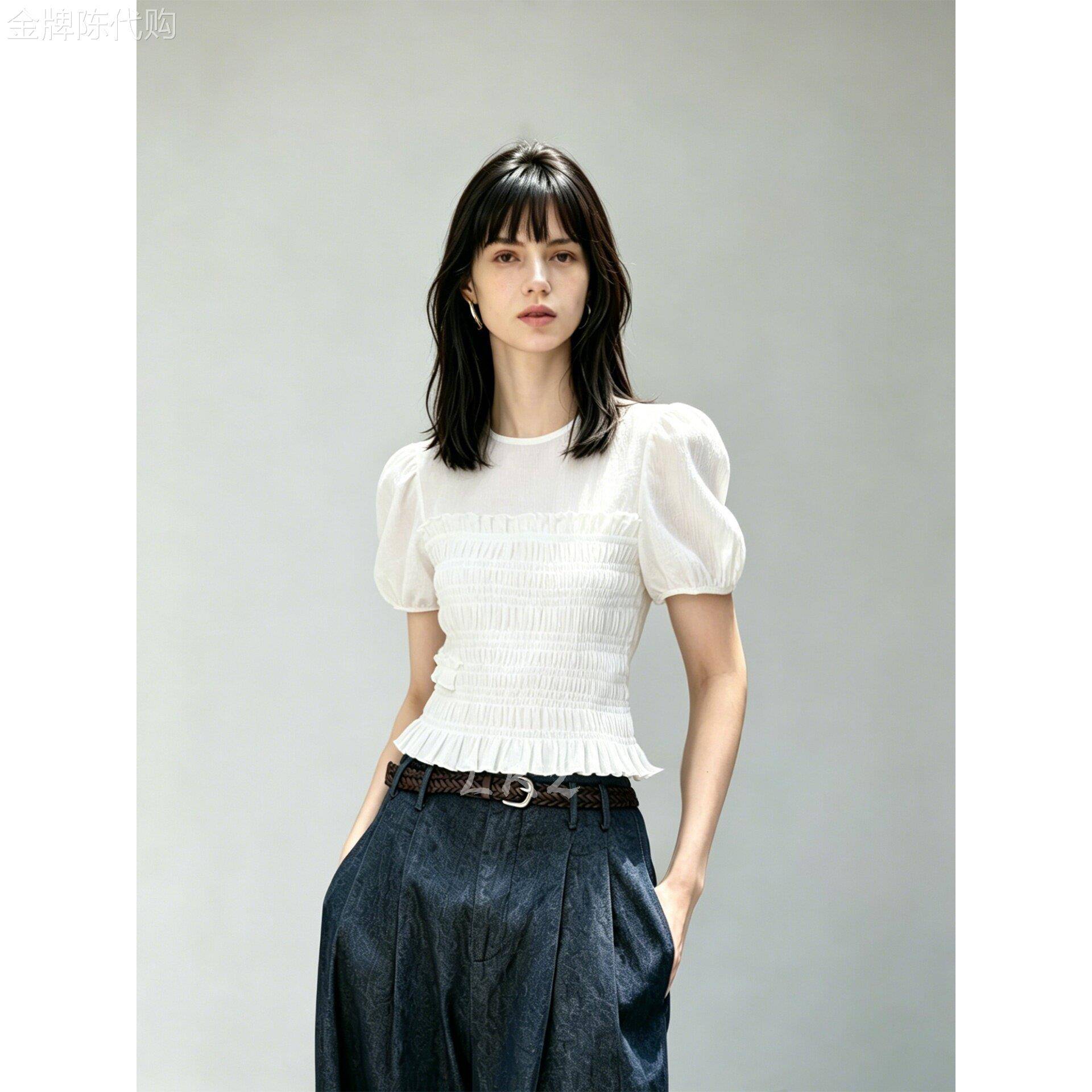 复古白色泡泡袖抽褶衬衫套头夏季新款舒适时尚休闲女短袖收腰上衣