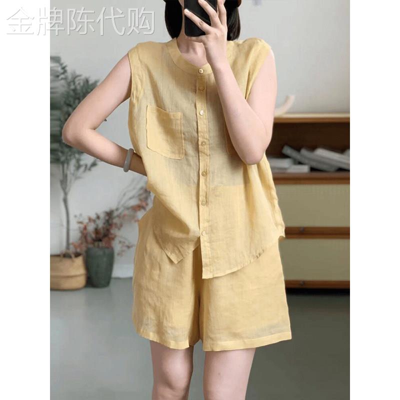 欧洲站高端棉麻套装女2026新款夏季亚麻慵懒风无袖衬衫短裤两件套