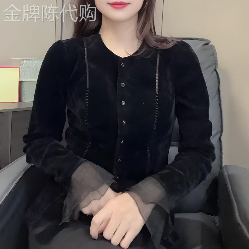 时尚拼接黑色丝绒上衣女2026年早秋新款收腰设计感复古超好看长袖