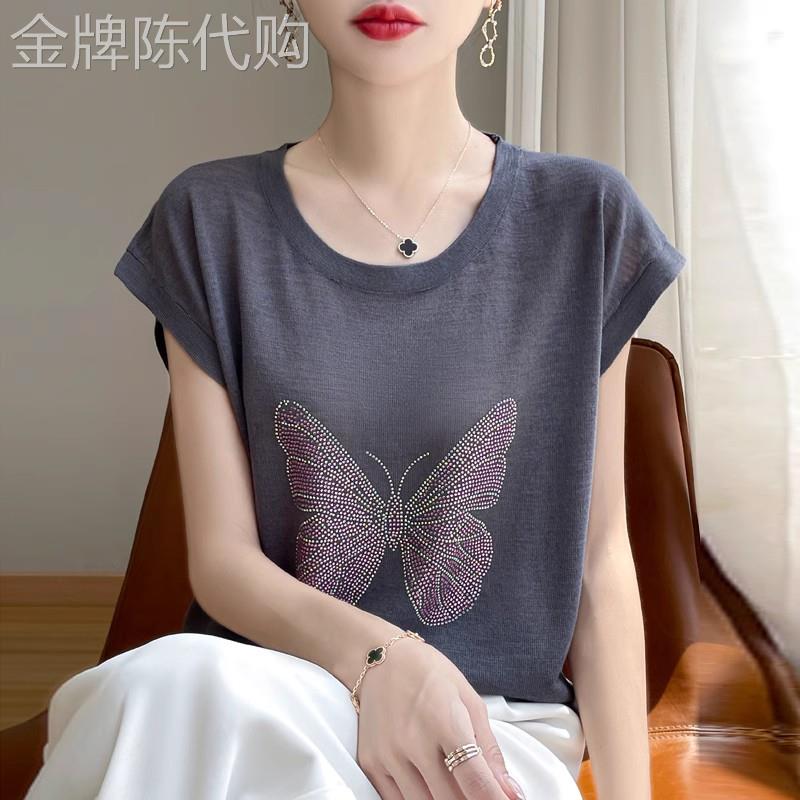 竹节麻冰丝针织短袖T恤女夏季2026新款烫钻薄款宽松显瘦圆领上衣