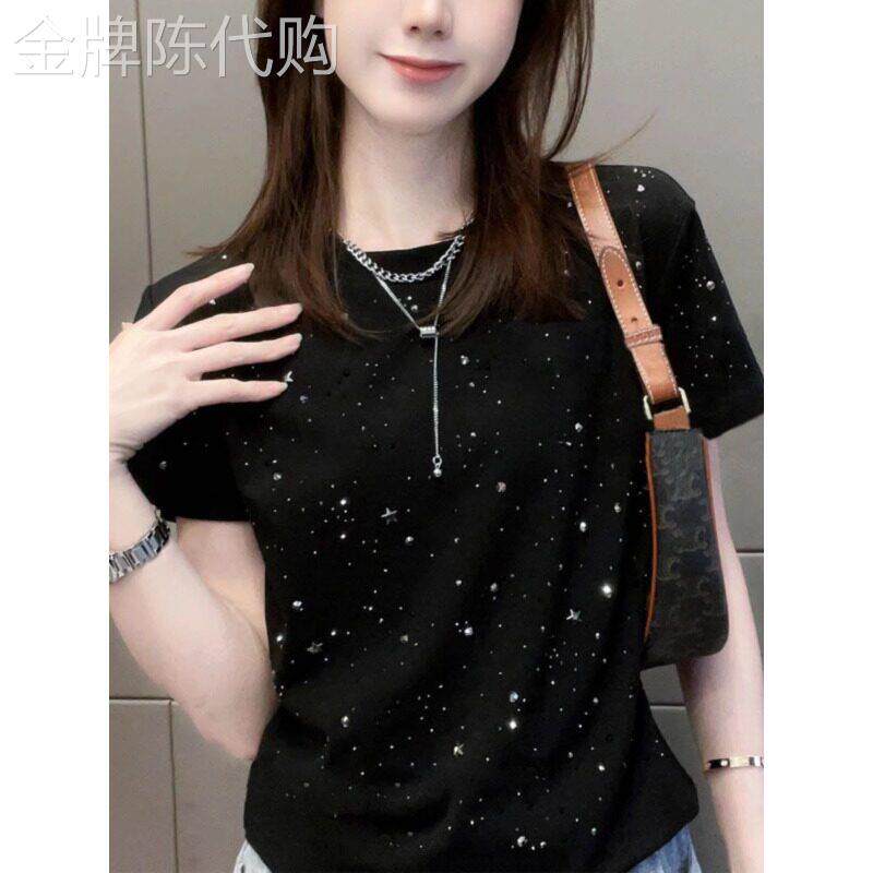烫钻正肩短袖T恤女秋冬2025欧货小衫爆款洋气减龄小个子体恤上衣