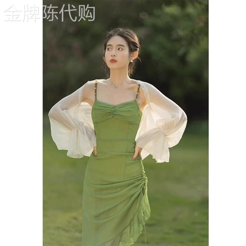 杏色通勤风雪纺开衫女夏季欧货百搭款薄款防晒罩衫披肩式外搭上衣