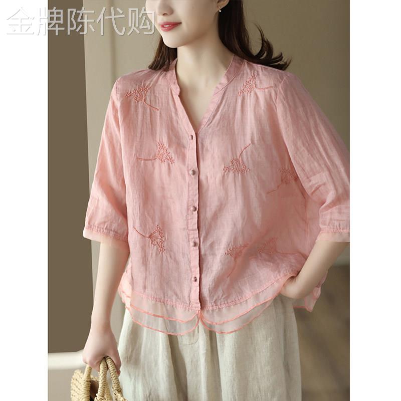 复古苎麻七分袖V领衬衫女春夏2026新款衬衣休闲拼接欧根纱上衣女