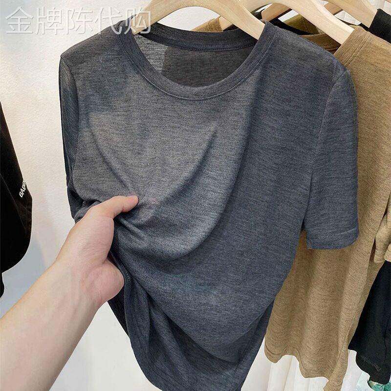 冰丝面膜短袖T恤女夏薄款微透宽松显瘦圆领套头欧货正肩T恤上衣