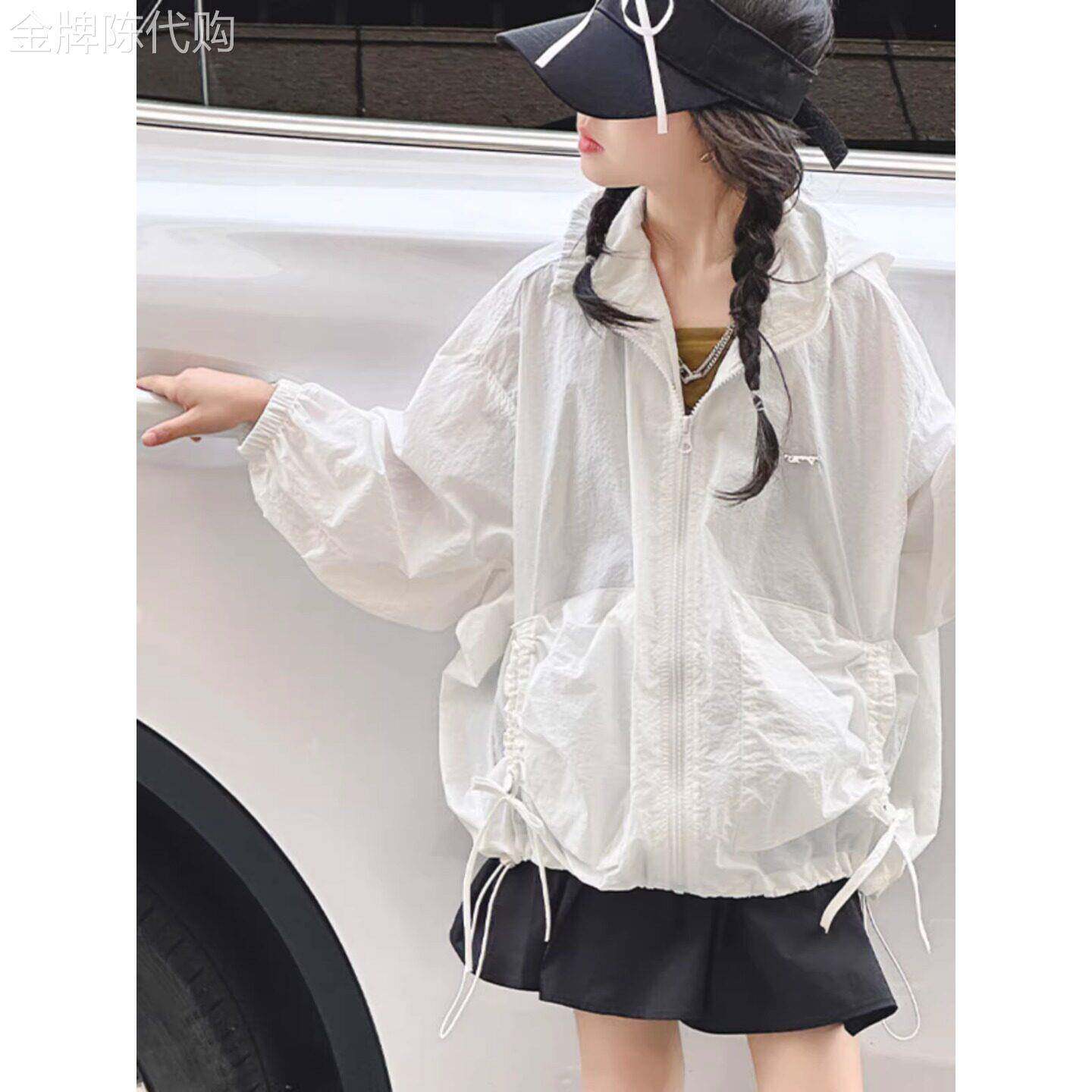 法国Uamtor女童夏季宽松连帽防晒衣新款中大童儿童夏白色轻薄外套