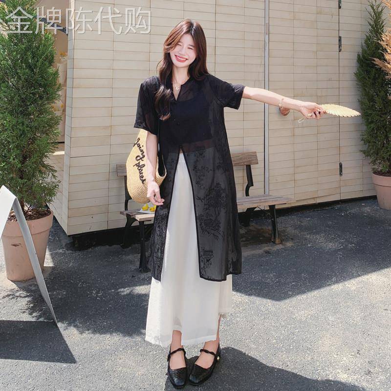 黑色新中式提花刺绣蕾丝罩衫套装女2026夏季新款清冷松弛感两件套