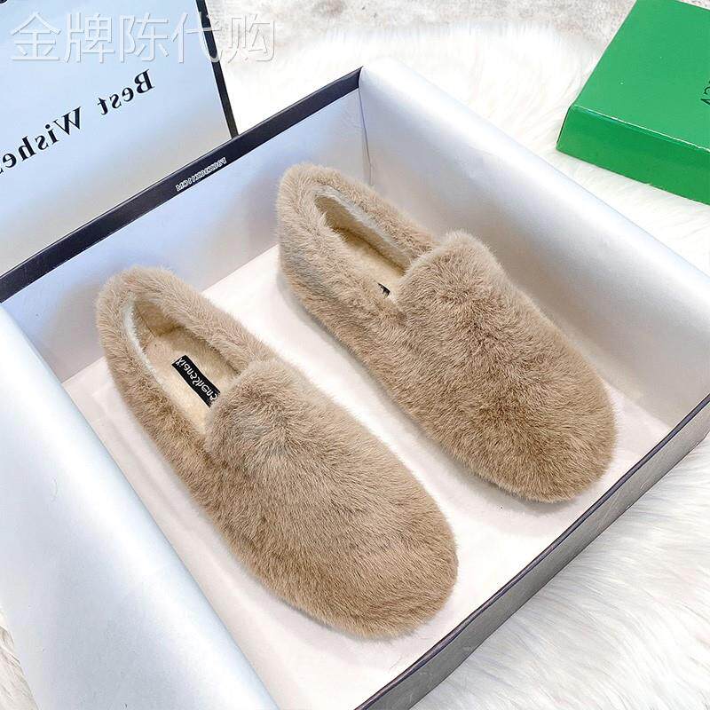 毛毛鞋女冬季外穿加绒2025新款棉鞋豆豆鞋厚底秋冬羊羔毛大尺码女
