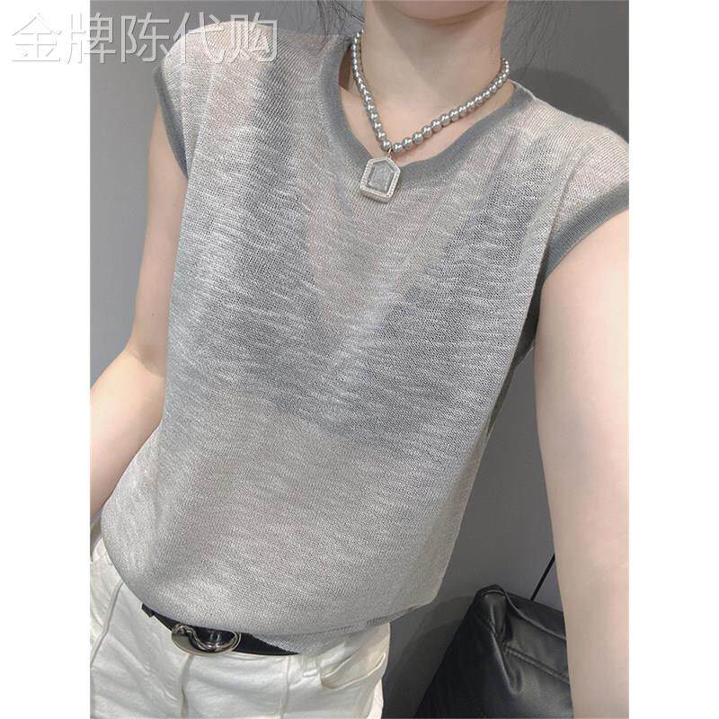 灰色冰丝针织衫短袖T恤女2026新款夏季薄款微透休闲百搭宽松上衣