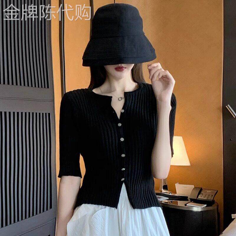 黑色冰丝针织衫女短袖t恤夏季薄款2025新款修身显瘦开衫短款上衣