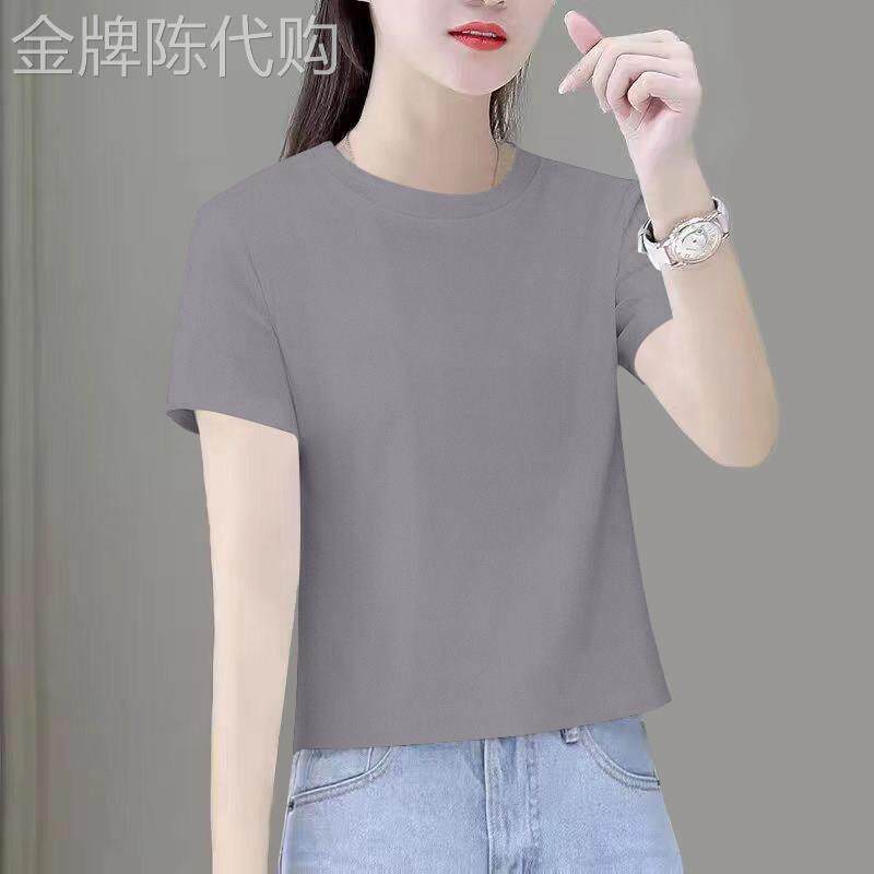 奶奶灰纯棉正肩短袖t恤女夏装2026新款宽松韩版圆领短款纯色上衣