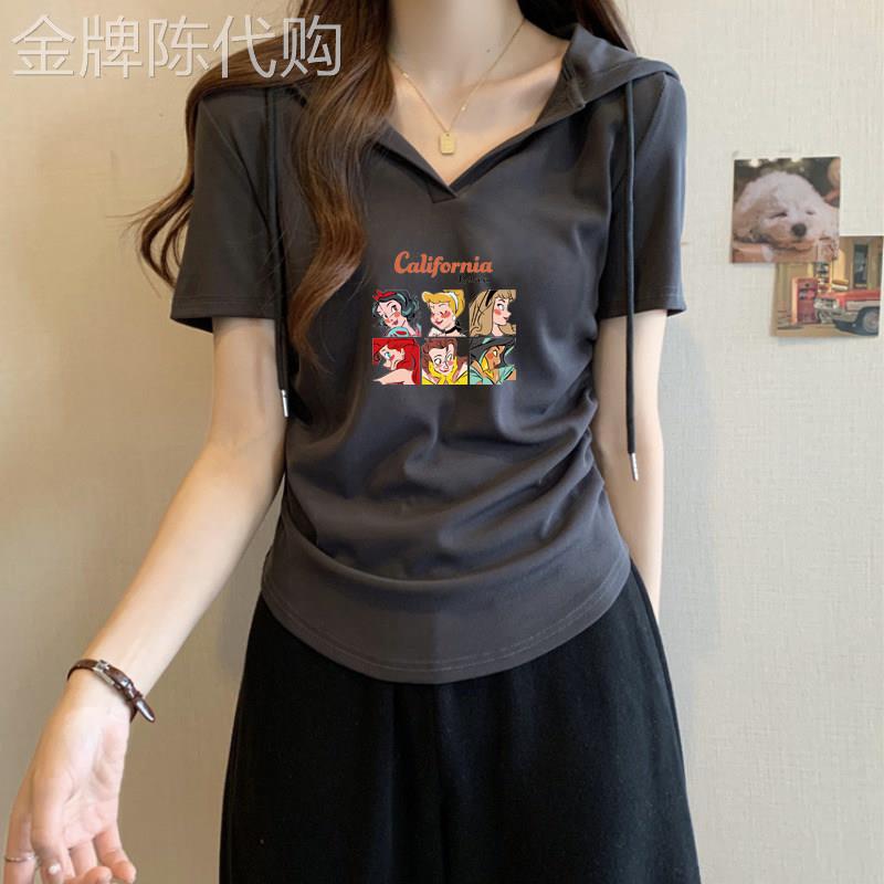 带帽短袖女t恤2025夏季新修身时尚百搭印花右肩t恤顶时髦