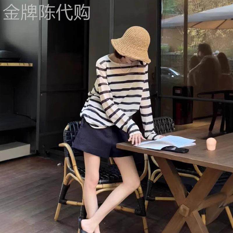 黑白条纹长袖防晒t恤空调衫女士夏季欧货大码胖mm慵懒风罩衫上衣