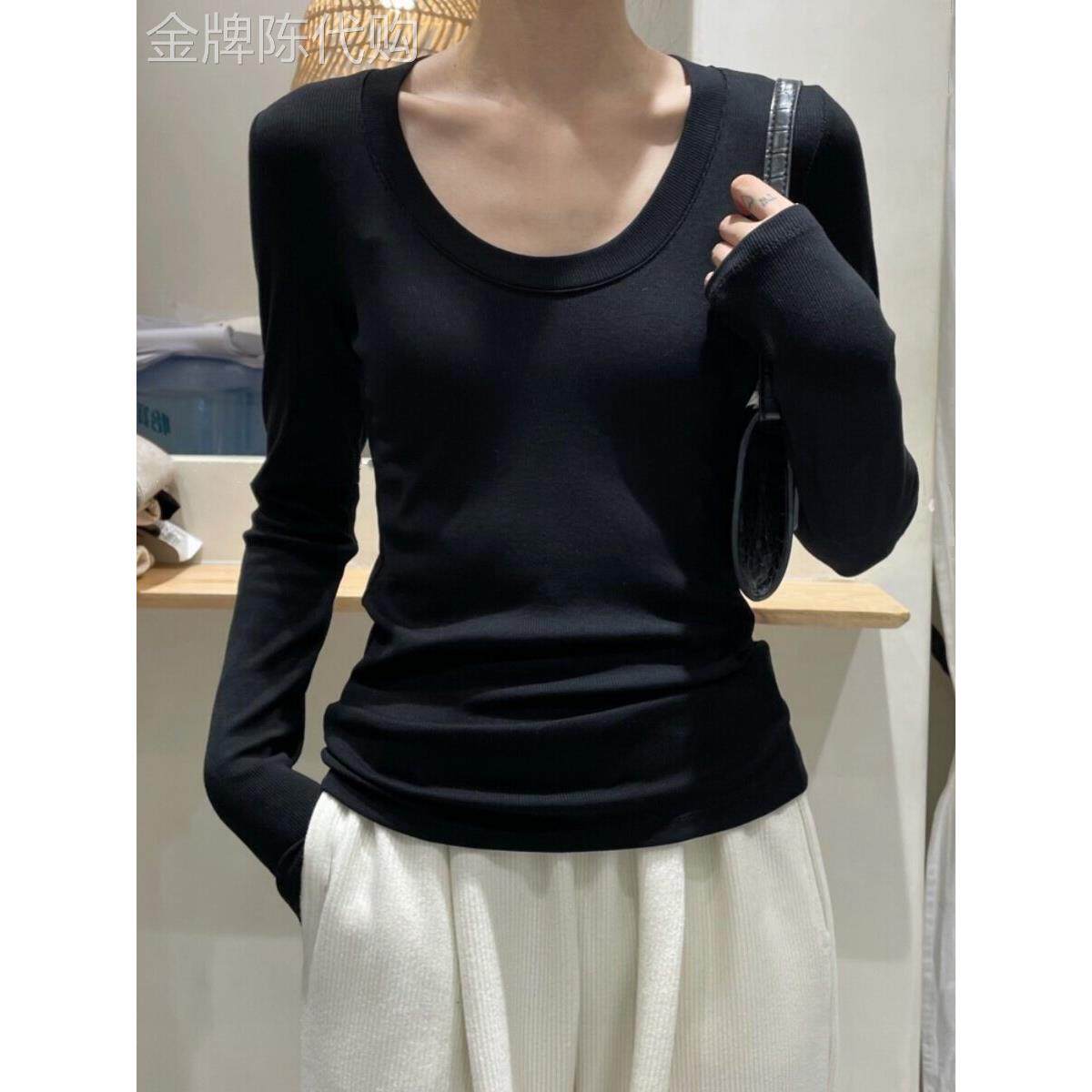 黑色长袖t恤女2025年早秋新款紧身低领内搭打底衫纯色螺纹U领上衣