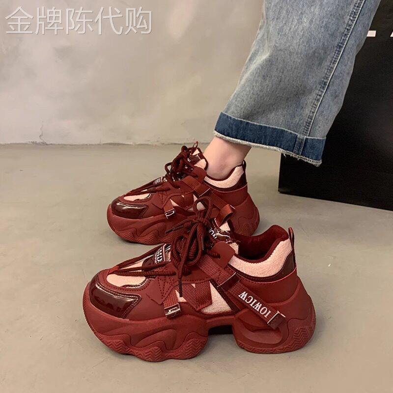 真皮厚底老爹鞋女2025新款秋季百搭增高休闲运动鞋红色包鞋ins潮