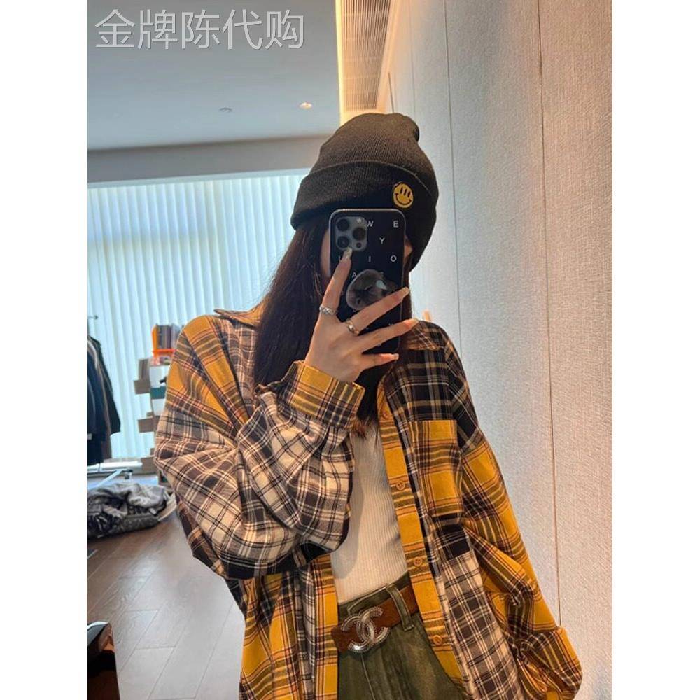 日系格子拼接外套衬衫女春秋新款美式覆古设计感小众衬衣别致上衣