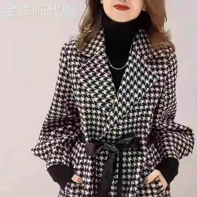 千鸟格毛呢外套女秋冬季2025新款收腰显瘦中长款大码休闲呢子大衣