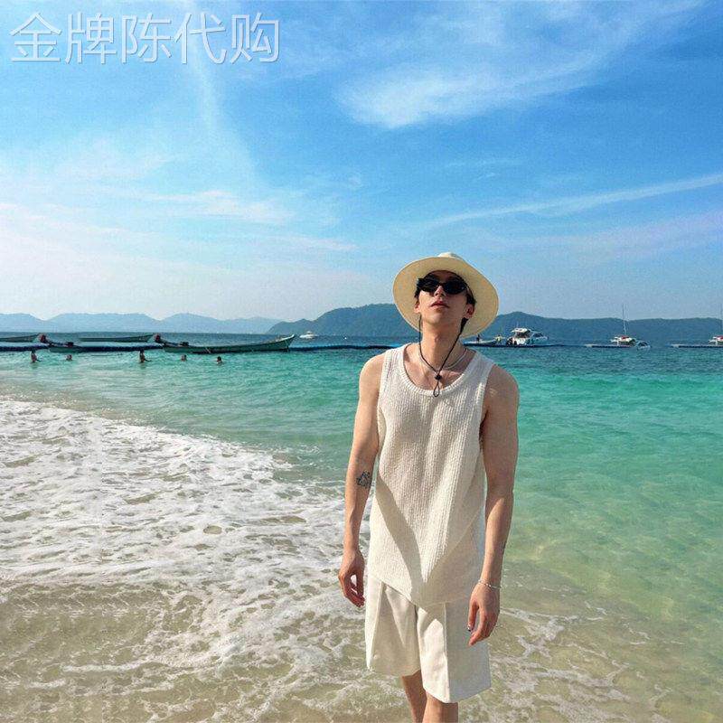轻奢美式肌理感坎肩背心男夏季宽松运动健身砍袖无袖T恤内搭打底