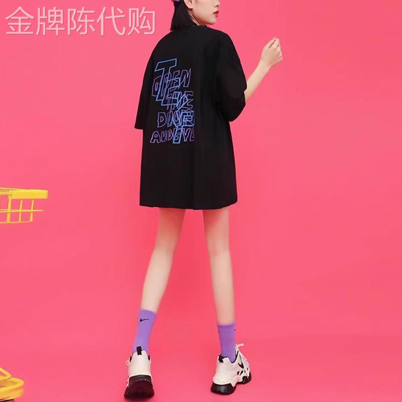 潮牌印花短袖T恤女2026夏季新款黑色圆领百搭中长版半袖T恤上衣