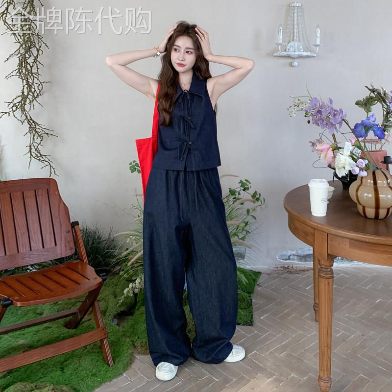 蝴蝶结无袖衬衫牛仔套装女2026夏季复古休闲宽裤巨好看的两件套