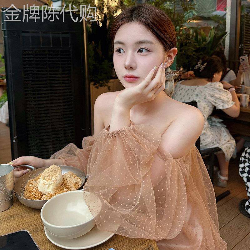 法式一字肩咖色波点网纱衬衫女2025夏季新款茶里茶气别致绝美上衣