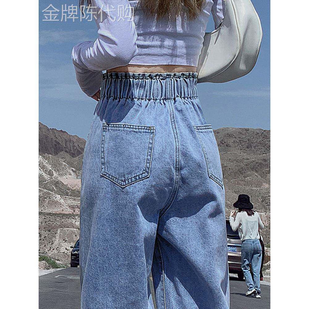 时尚品牌夏季弹力腰阔腿牛仔裤,美国风格梨形身材苗条的外观和覆