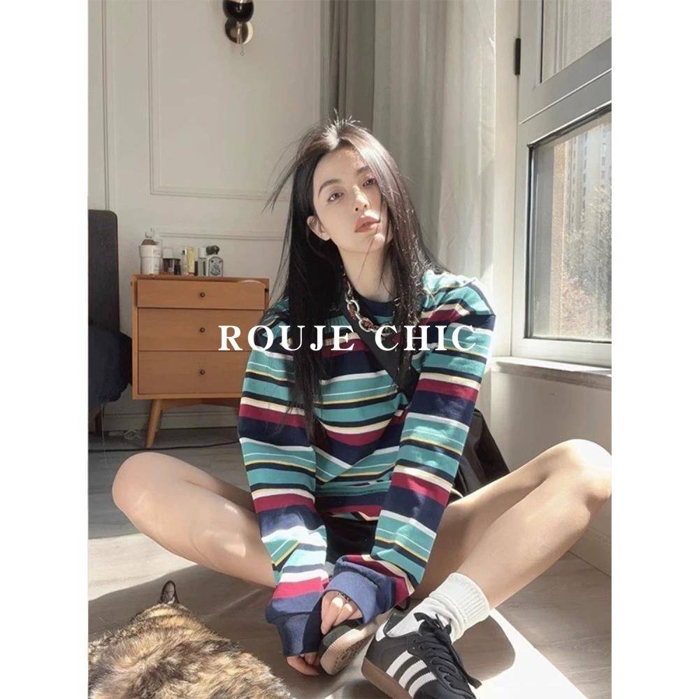 法国Rouje Chic2024新款条纹法式卫衣女春秋薄款宽松长袖百搭上衣