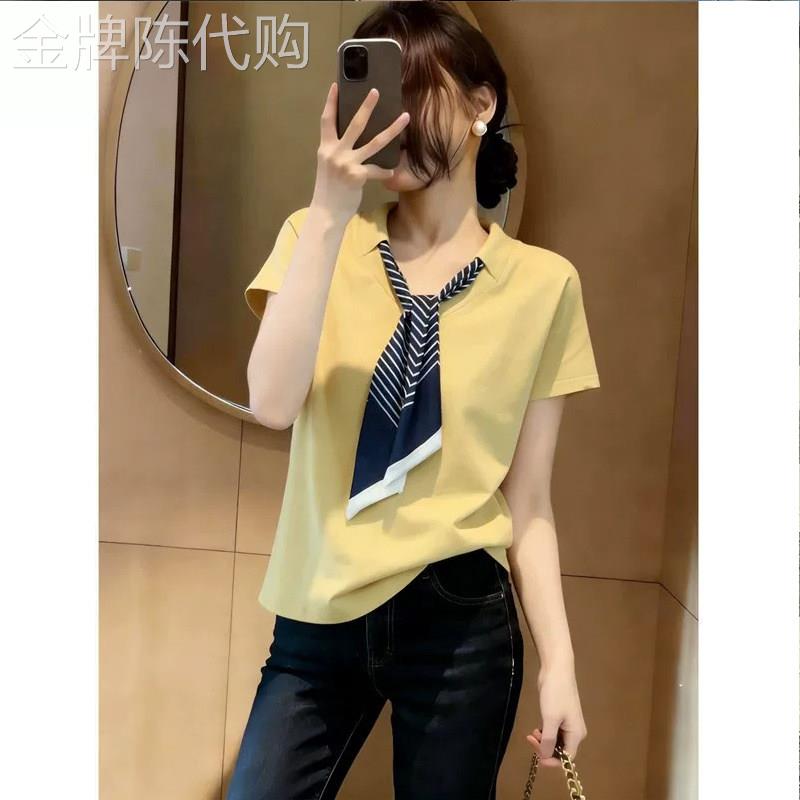 正肩V领撞色领结短袖T恤女2026夏季新款欧货宽松显瘦设计感上衣潮