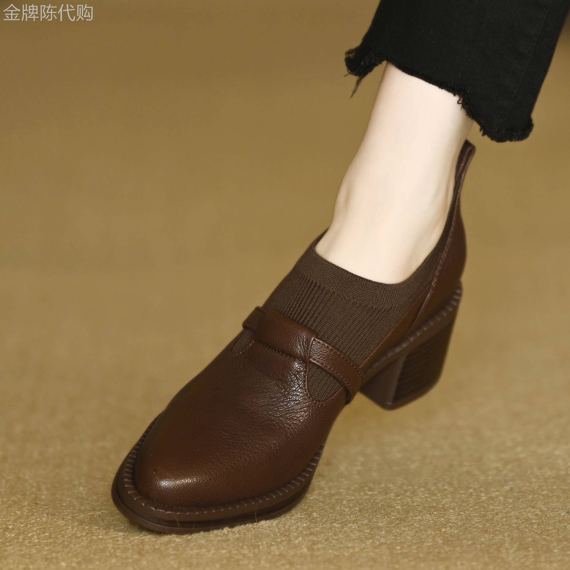 欧美5cm中跟单鞋女春季新款复古羊皮针织拼接弹力粗跟尖头深口鞋