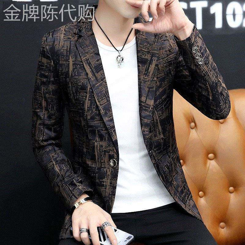 男士印花休闲西服男春秋季韩版潮流百搭修身免烫高级感小西装外套