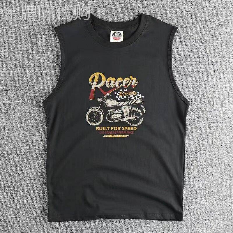 代购潮牌美式复古水洗机车印花运动休闲圆领背心男士夏季无袖T恤
