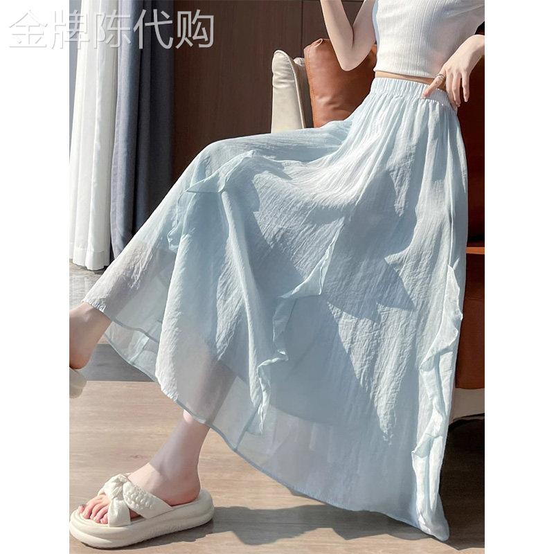 蓝色木耳边棉麻半身裙女夏季欧货2026新款高腰小个子垂感A字长裙