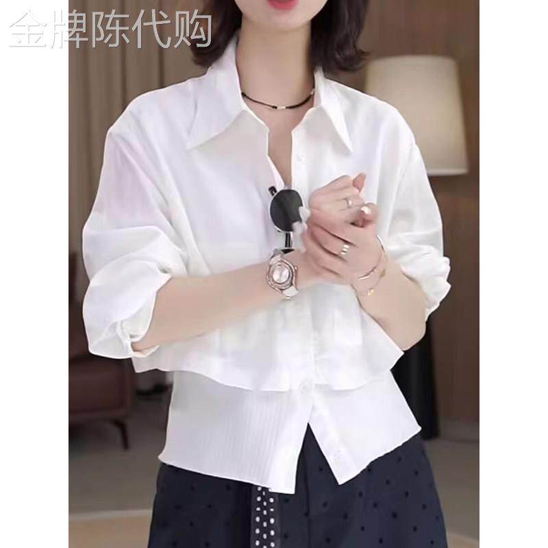 白色高级感假两件衬衫女春夏欧货通勤百搭翻领长袖显瘦设计感上衣