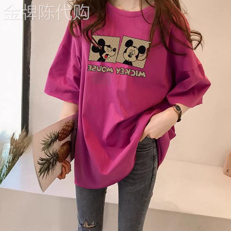 玫红色短袖t恤女夏季中长款遮屁股欧货大版半袖胖mm米奇印花上衣