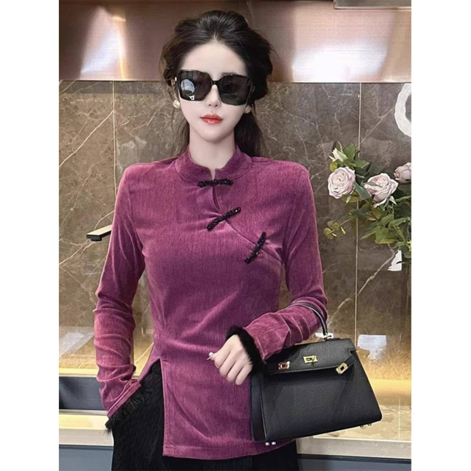 新中式国风盘扣立领丝绒打底衫女春秋冬新款高端小衫内搭修身上衣
