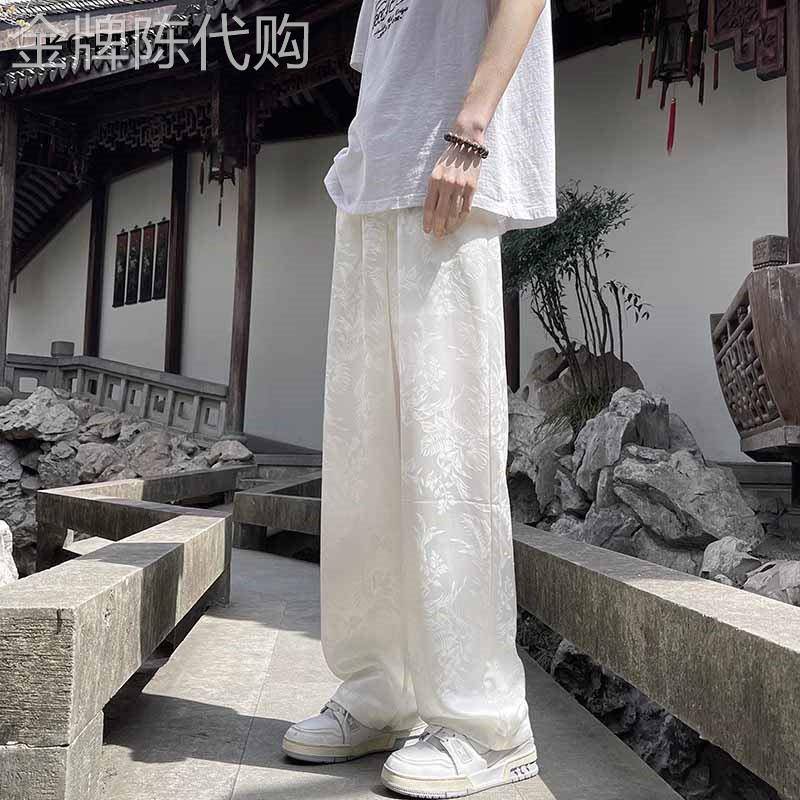 高端新中式男装白色醋酸缎面裤子男夏季薄款冰丝阔腿裤速干防晒裤