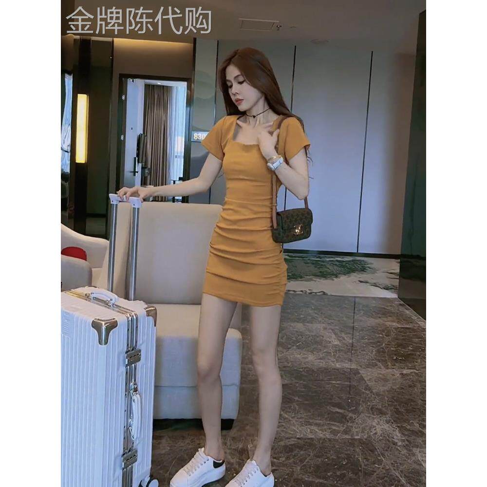 方领连衣裙女士夏季欧洲纯色短袖t恤连衣裙修身褶腰性感a字紧身短