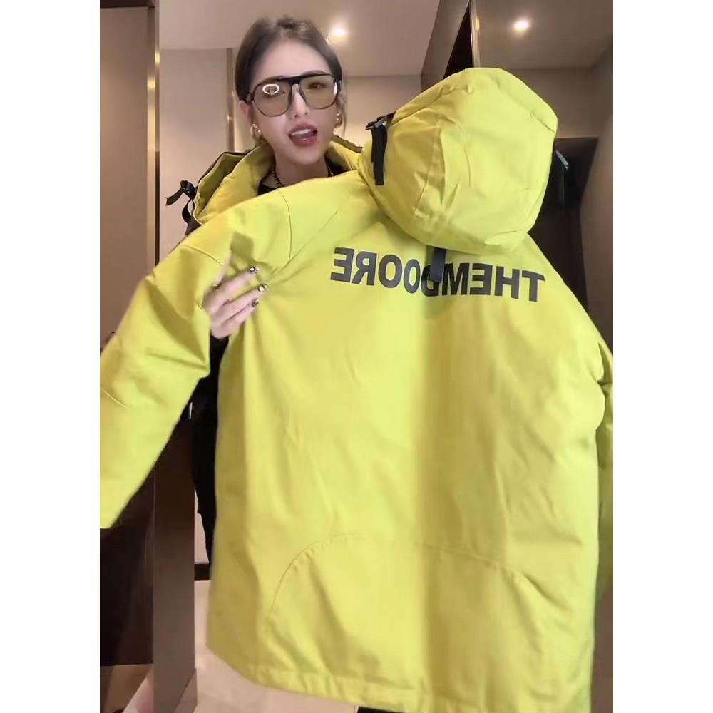 香港男女同款后背字母连帽冲锋衣外套撞色夹棉加厚中长款工装棉服