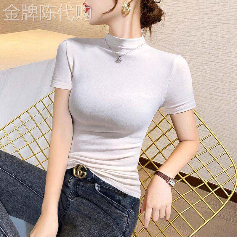 半高领短袖t恤女夏季2026新款正肩白色上衣服修身显瘦T恤打底衫