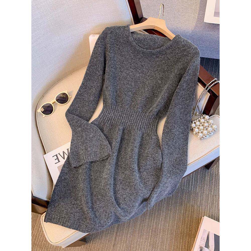 高端洋气收腰针织打底衫女内搭毛衣中长款灰色羊毛连衣裙子配大衣