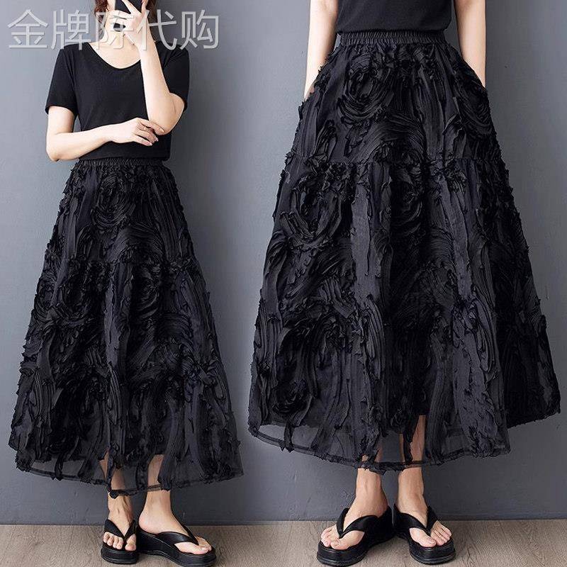 黑色半身裙女夏季新款欧货重工百褶大摆中长裙时尚宽松显瘦a字裙